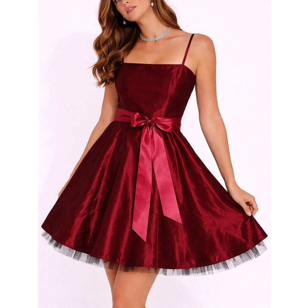 Vintage 90s Chou Chou Satin Bow Tulle Flare Mini Dress Size 4 Red Pinup Y2K Prom